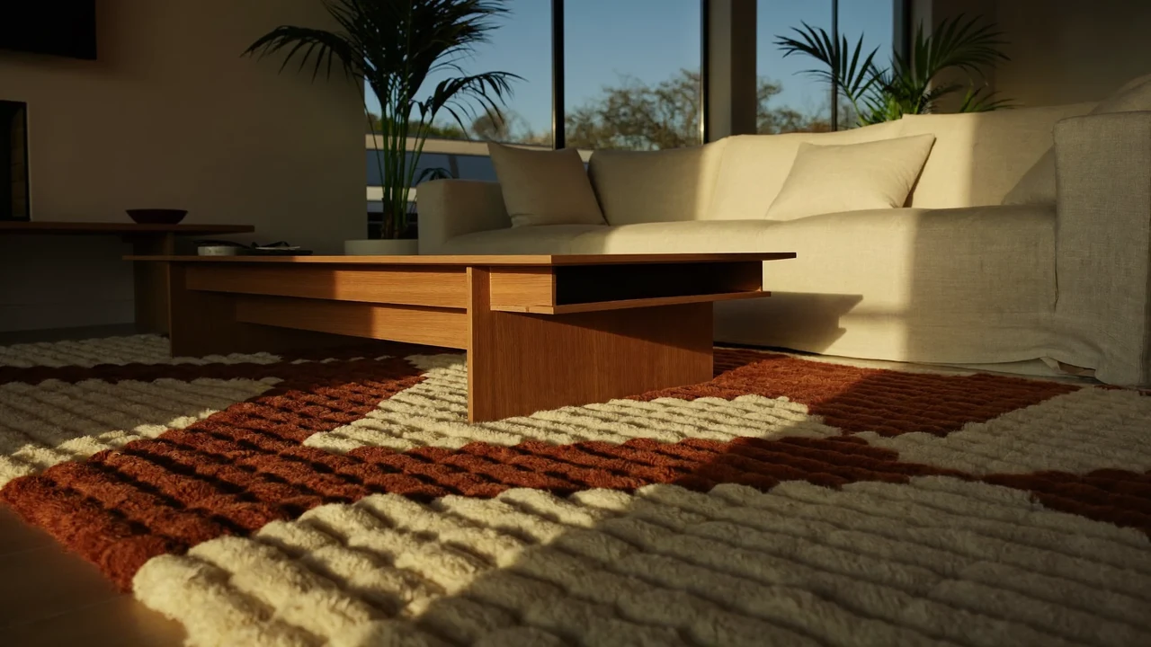 Illustration: sonniges Wohnzimmer mit großem handgeknüpftem Wollteppich in Rost und Creme