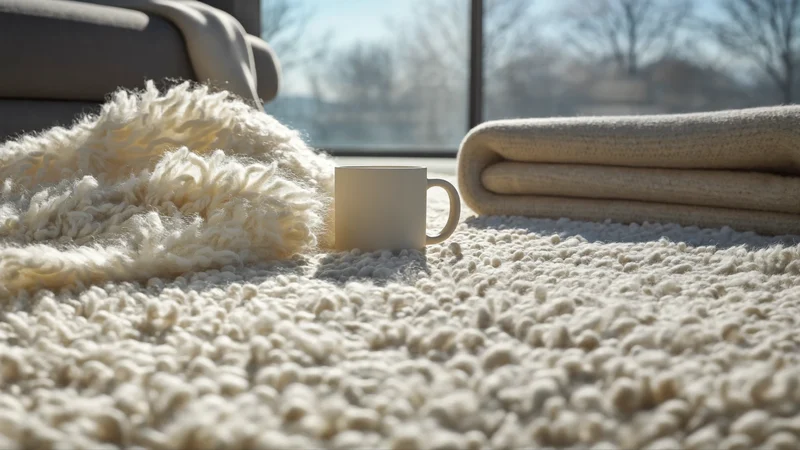 Illustration: dicker Hochflor-Teppich aus Naturwolle mit Becher und Strickdecke am Rand